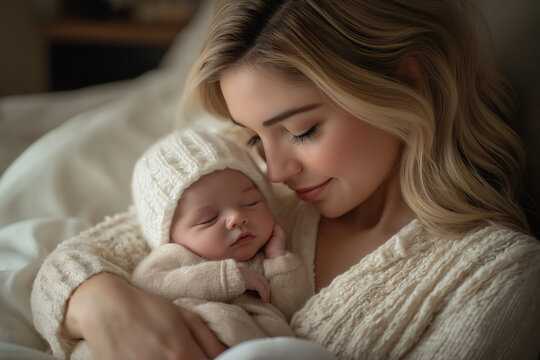 Mother sitting on her bed and lovingly cradling her newborn baby in her arms. - Powered by Adobe