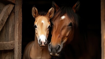 Obraz premium A mother horse and her tender foal stand closely together in a rustic stable, showcasing the bond of love, trust, and affection in the tranquil setting of rural life.