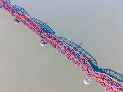 Aerial view of hardinge bridge over padma river with beautiful reflections and scenic landscape, Ishwardi, Pabna, Bangladesh.