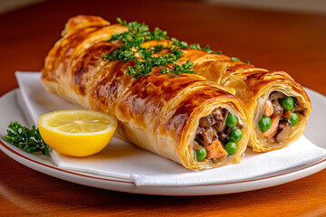 a large phyllo pastry filled with perfectly cooked salmon, wild mushrooms, and peas