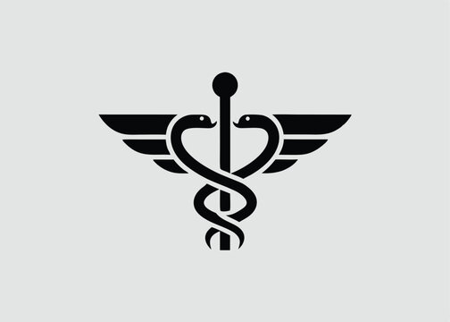 Clean green pharmacy logo with snake and pharmacist tool with wing symbol for drug logo