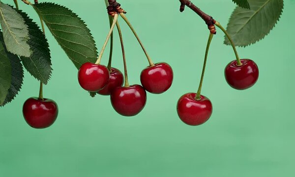 single juicy cherry suspended on tree branch with delicate swaying leaves creating subtle natural movement against smooth chroma key backdrop