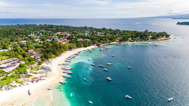 Aerial drone view of the three Gili islands near Lombok on a clear sunny day, Indonesia