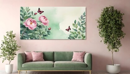 Watercolor hand painted nature romantic banner frame with green eucalyptus plants, pink blossom peony flowers and butterflies on the living room,no people, photography, bouquet,23