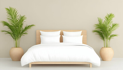 Simple, minimalist bedroom with a light beige color scheme and a wooden bed.  Two potted palm trees flank a white bed