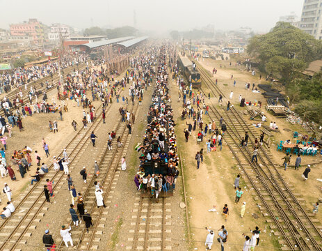 Gazipur, Bangladesh - 02 February 2025: Aerial view of a packed crowd of devotees at the Bishwa Ijtema festival near the train station, Tongi, Gazipur, Dhaka, Bangladesh.
