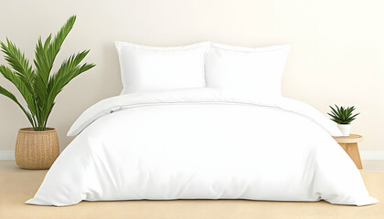 Simple white bedding set in a minimalist bedroom
