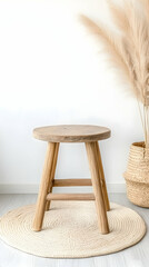 Simple, round wooden stool on a rug