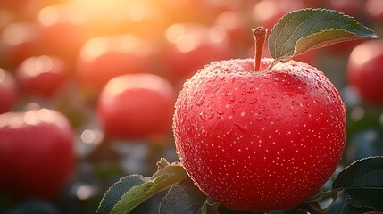 Fresh apples on tree in orchard at sunrise. Possible use Food stock image