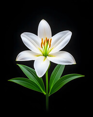Single white lily, vibrant and elegant, with lush green leaves against a stark black backdrop