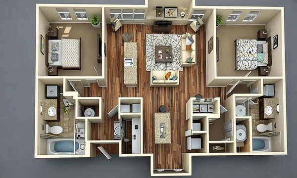 Flat Lay of a Two-Bedroom Apartment Interior Design featuring Living Room, Bathrooms, and Kitchen