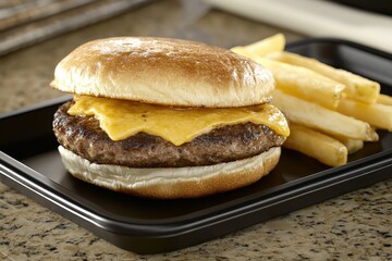 Juicy hamburger with melted cheese and golden fries on a plate