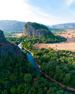 Aerial drone view of limstone mountain in Kong Lor valley, Laos, Southeast Asia