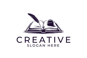 Elegant Quill Pen Inkwell on Open Book Vintage Design old art logo icon dark text tale    