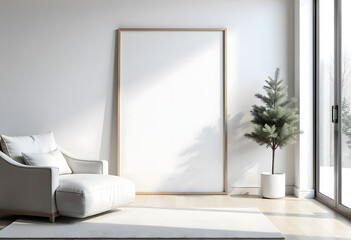 Blank wooden frame leaning on wall with plants and sunlight, modern interior design, mockup template
