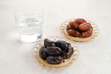 Delicious sweet dried dates palm fruits. Iftar time concept
