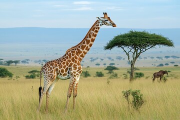 Fototapeta premium giraffe fluidly travels its open territory on savanna extending its long neck to acacia foliage while quietly blending with other wildlife on african fields 
