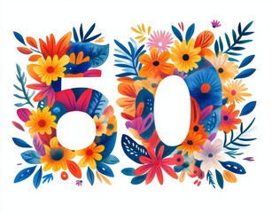 Obraz premium The floral design number 80, eighty, incorporates wild flowers and meadow grass, and is intended for use on a watercolor anniversary card