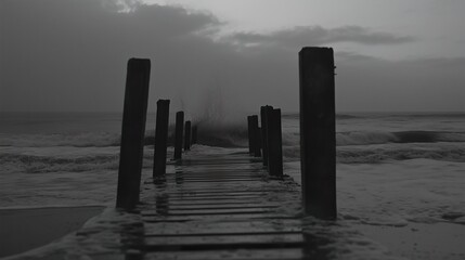 Old wooden pier extending into misty ocean with broken posts in black and white