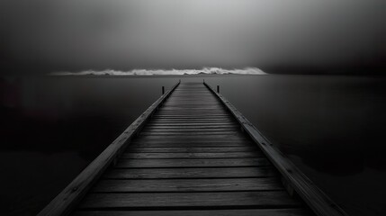 Obraz premium Black and white image of wooden pier leading into distant foggy horizon over calm water