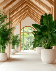 Fototapeta premium Tranquil, light-filled hallway with lush greenery and a view
