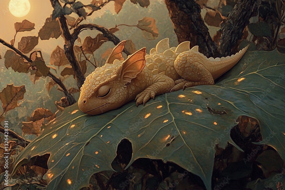 Poster cute dinosaur with big eyes and a friendly smile, sitting happily with tiny arms and a playful expre