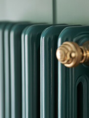 Green vintage radiator with ornate brass valve detail.