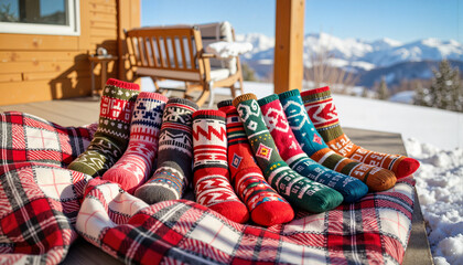 Colorful woolen socks arranged on plaid blanket, winter warmth