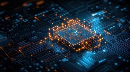Obraz premium Microprocessor chip on a futuristic digital circuit board, symbolizing advanced computing and AI technology