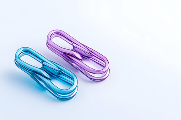Two vibrant, abstract paperclips in shades of blue and purple, minimalist design, 3D rendering