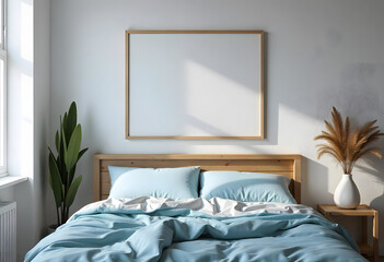 Cozy modern bedroom with wooden bed, neutral bedding, and empty frame for mockup