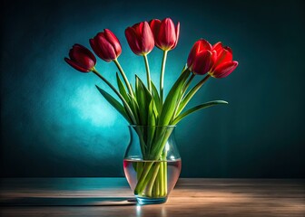 Fototapeta premium Dramatic floral silhouette: red tulips stark against a dual-tone background. Captivating vase photography.