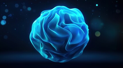 Glowing blue abstract sphere with folds on dark futuristic background. AI and digital energy concept
