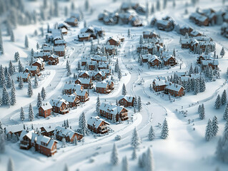Snowy Mountain Village Aerial View