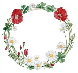Fototapeta premium This watercolor wreath is a tender representation of a summer floral arrangement, consisting of clover, daisies, and other meadow flowers, isolated on white