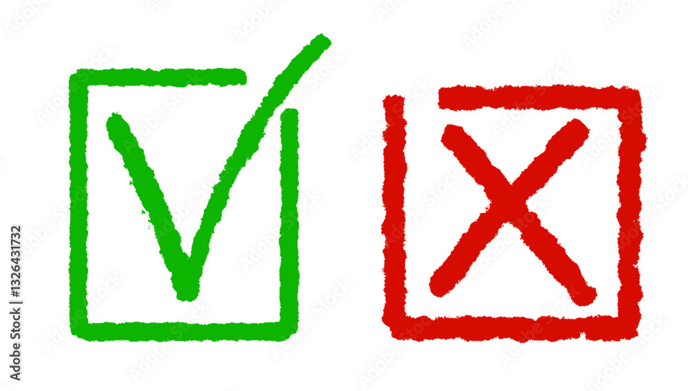 Fototapete clipart set of thin minimalistic checkmark and red cross in a square frame isolated on a white backg