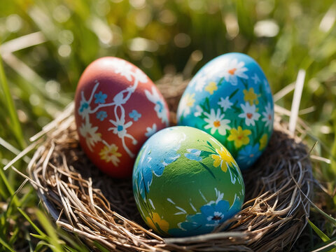 Three painted easter eggs in a birds nest celebrating a Happy Easter on a spring day with a green grass meadow and blurred grass foreground and bright sunlight background with copy space.