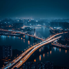 Obraz premium Night city lights on river, bridges