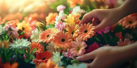 Hands gently picking vibrant flowers in a sunlit floral arrangement at a garden market