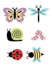 Set of cute colorful pastel hand drawn simple various insect's vector