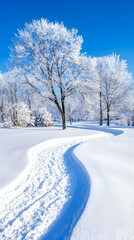Obraz premium Winter wonderland path. Frosty trees line a winding snow path under a clear blue sky