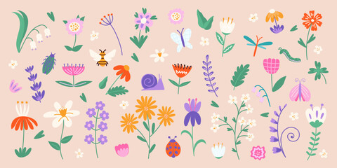 Colorful Hand Drawn Flower and Bug Vector Collection. Set of Floral Elements. Perfect for digital design, prints, decor, cards, posters.