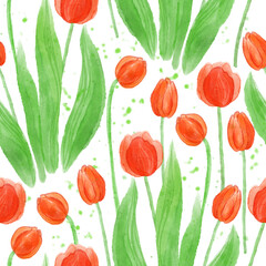 Seamless pattern with red watercolor tulips on a white background
