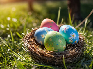 Obraz premium Three painted easter eggs in a birds nest celebrating a Happy Easter on a spring day with a green grass meadow and blurred grass foreground and bright sunlight background with copy space.