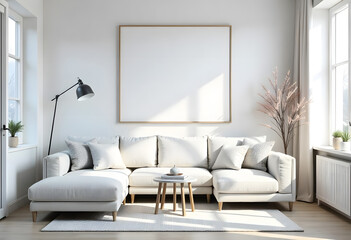 Bright and modern living room with white sofa, wooden decor, and empty frame for mockup