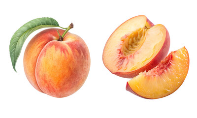 Peach fruits isolated and a Set of Peach set isolated on a white background