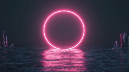 Neon Pink Circle Over Calm Water Surrounded by Crystal Structures