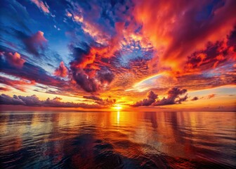 Fiery sunset paints a panoramic coastal seascape, dramatic golden hour hues igniting the ocean.