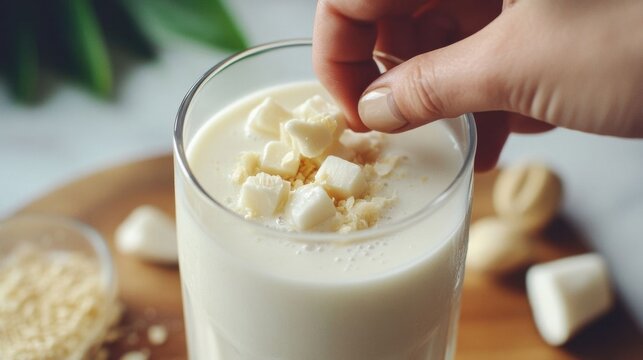 Hand adding toppings to smoothie.