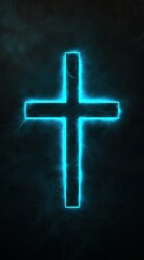 Fototapeta premium A glowing Blue Neon Cross on a Black Background